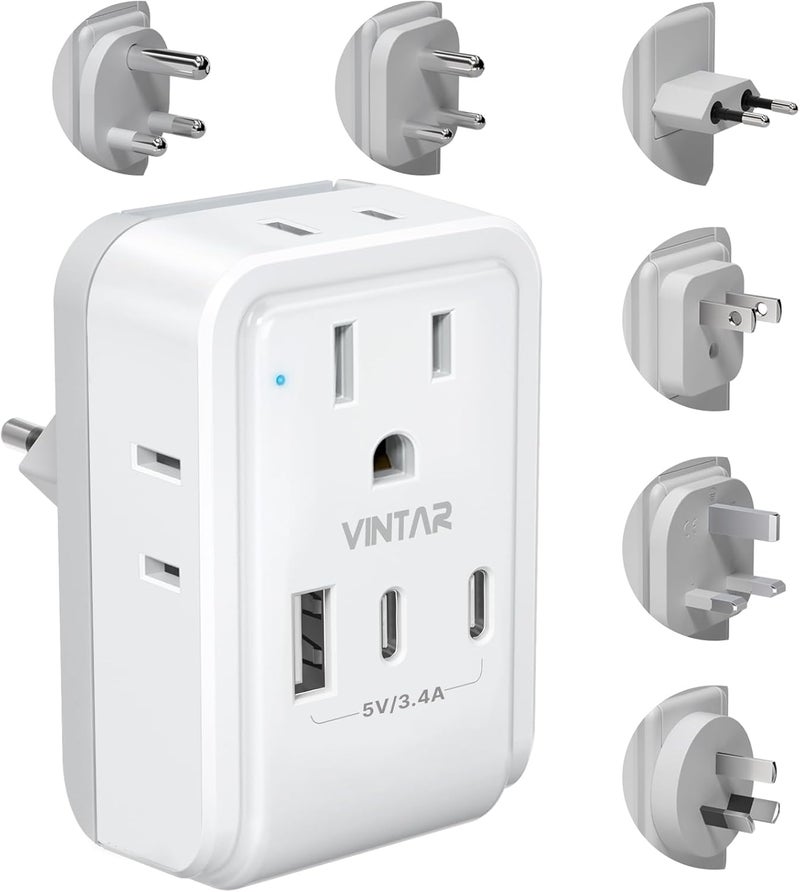 VINTAR مجموعة محول السفر العالمي، محول طاقة دولي مع 3 منافذ USB (2 USB C) و 4 مآخذ AC، ملحقات قابلة للفصل من نوع A، C، G، D، I، M، محول سفر عالمي للولايات المتحدة/الاتحاد الأوروبي/المملكة المتحدة/الهند/أفريقيا - Image 1